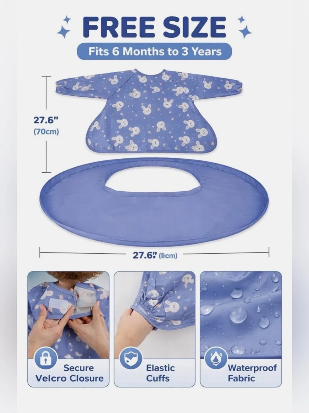 Waterproof Blue Baby Bib Smock with Sleeves - Free Size (6 Months - 3 Years)
